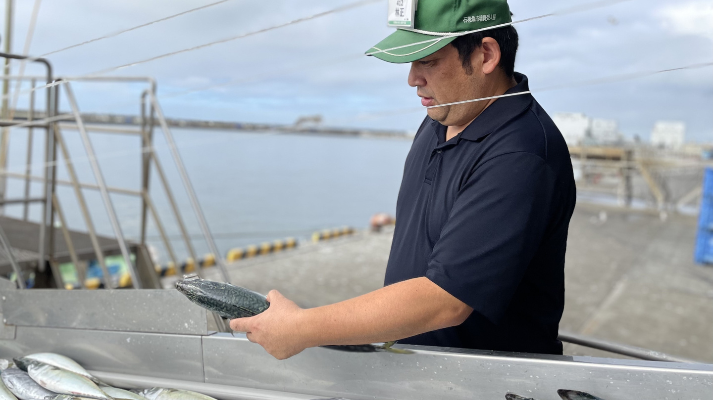 魚市場で魚を吟味する社長